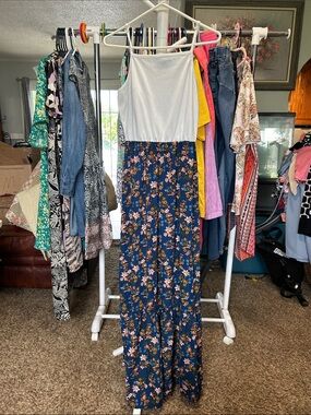 B Famous Navy Floral Maxi Dress with White Bodice Size L